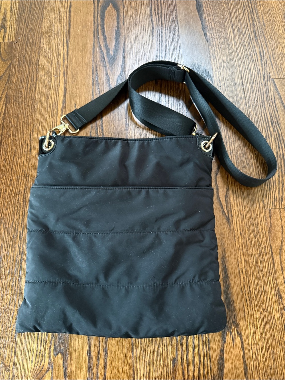 Sondra Roberts Squared Black Quilted Nylon Crossbody with Gold-Tone Hardware